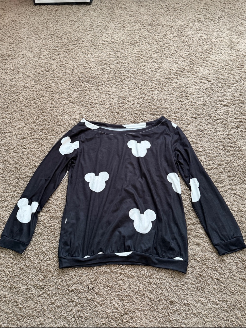 Black Long-Sleeve Top with White Mickey Head Print